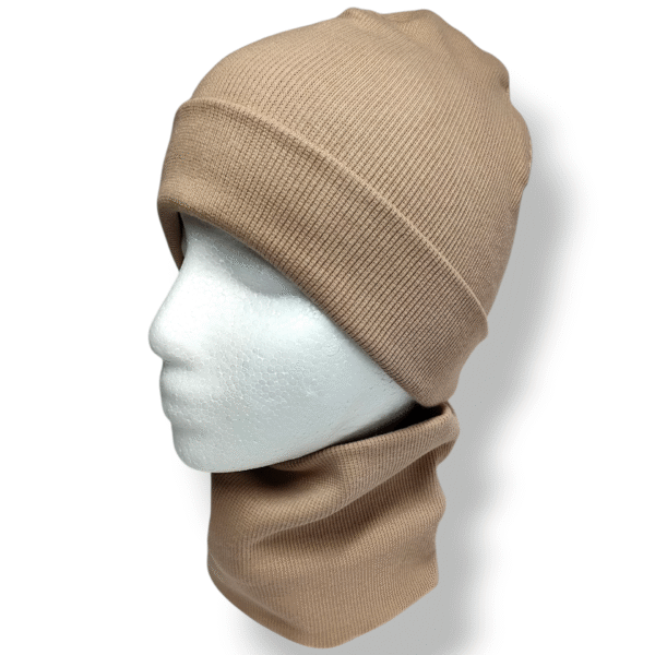 Czapka z kominem dziecięca prążek bawełniany ciepły beż - Zszywka