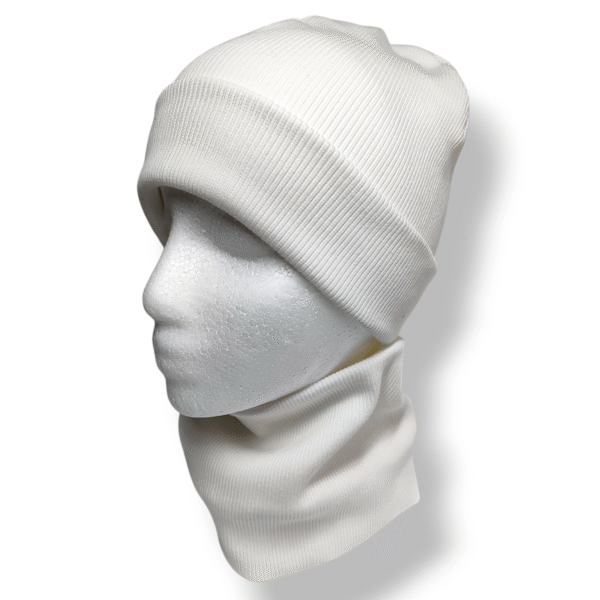 Czapka z kominem dziecięca prążek bawełniany biała - Zszywka